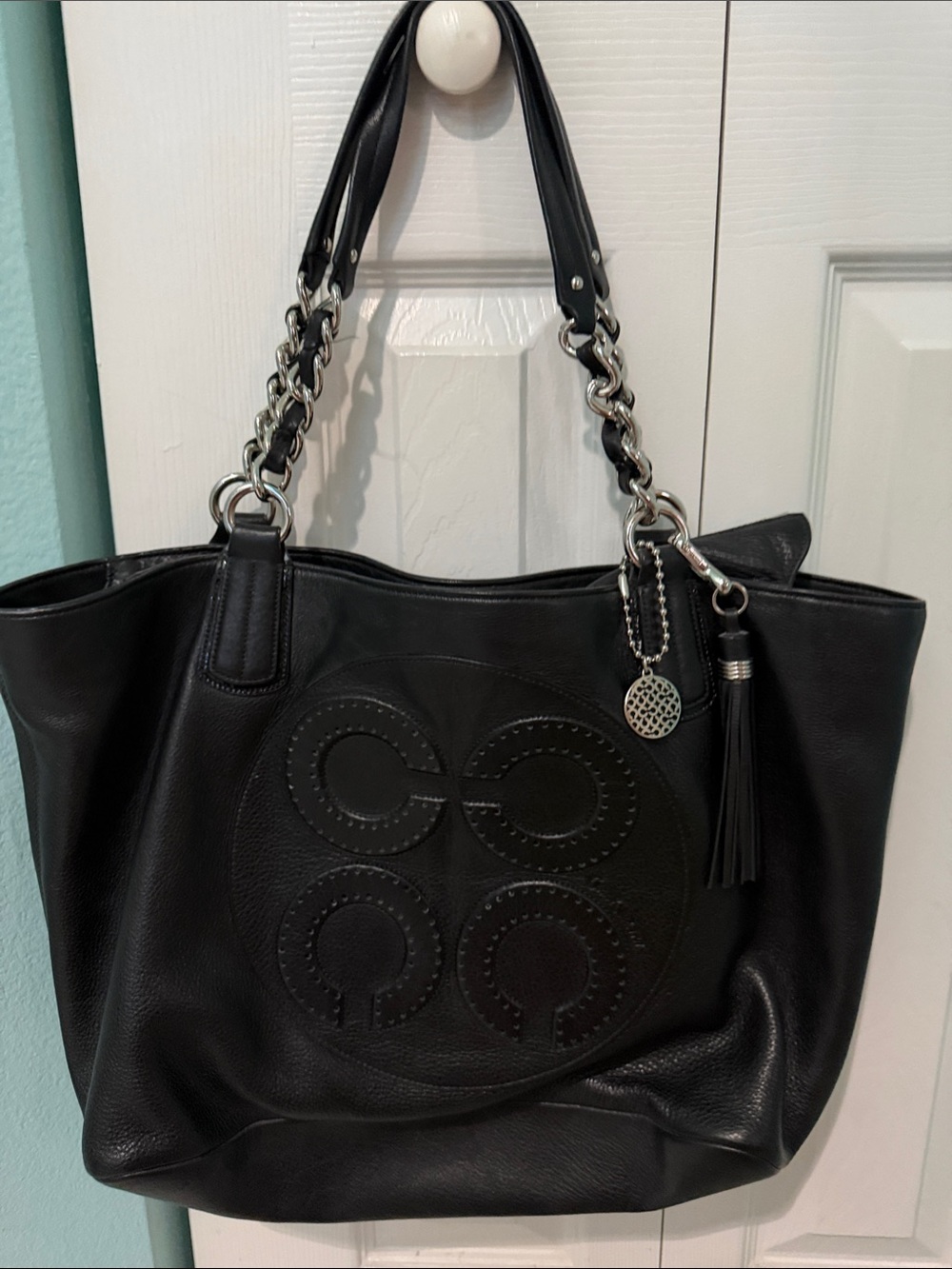 Coach Colette Black Leather Tote with Chain-Strap and Tassel Charm